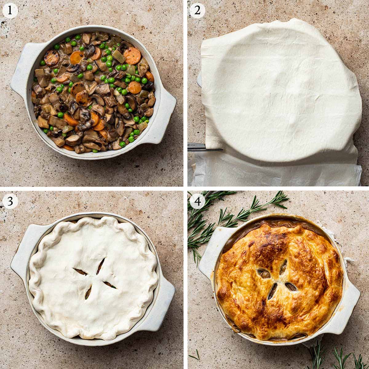 Mushroom pie steps 1 to 4, filling in the dish, trimming pastry, before and after baking.