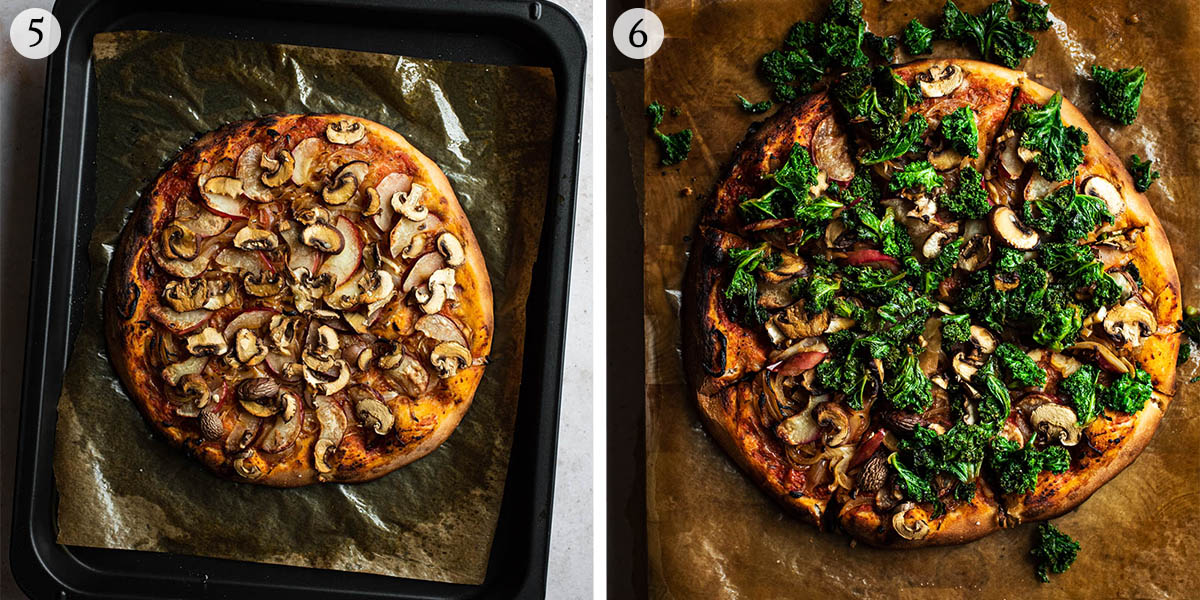 Pizza out of the oven and topped with kale, steps 5 and 6.
