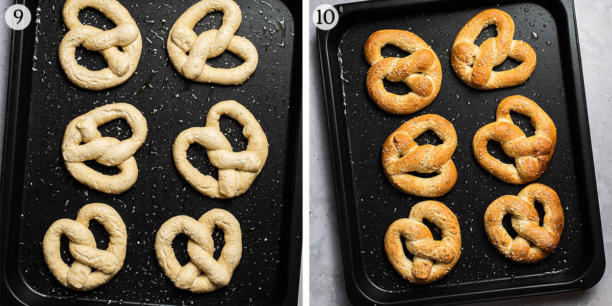 Cooking pretzels, steps 9 and 10.