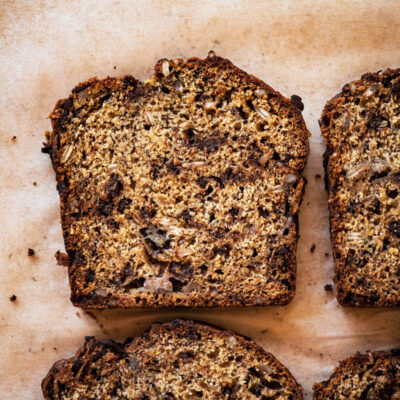Flour slices of chocolate chip banana bread.