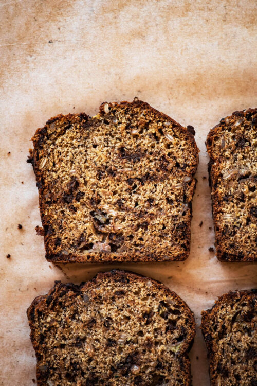 Flour slices of chocolate chip banana bread.