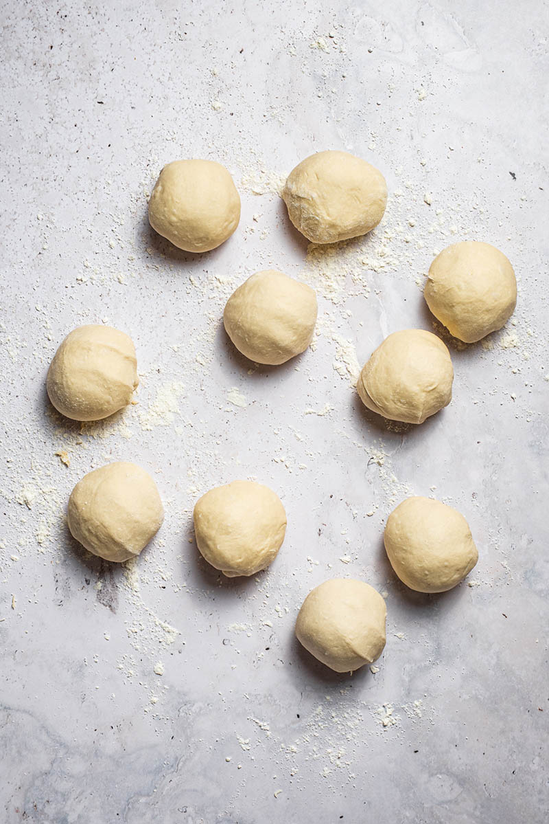Dough formed into ten balls.