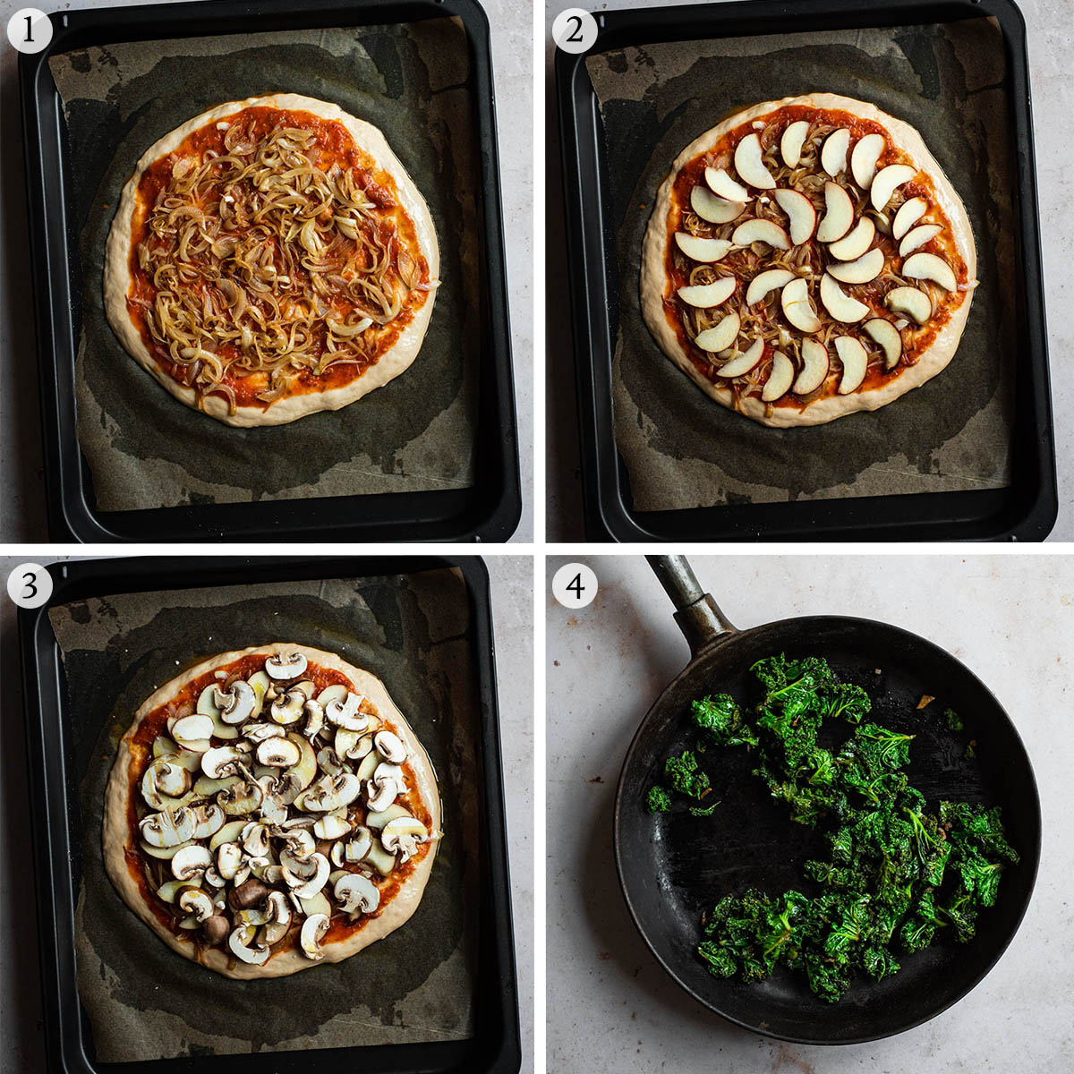 Apple onion and mushroom pizza steps 1 to 4.