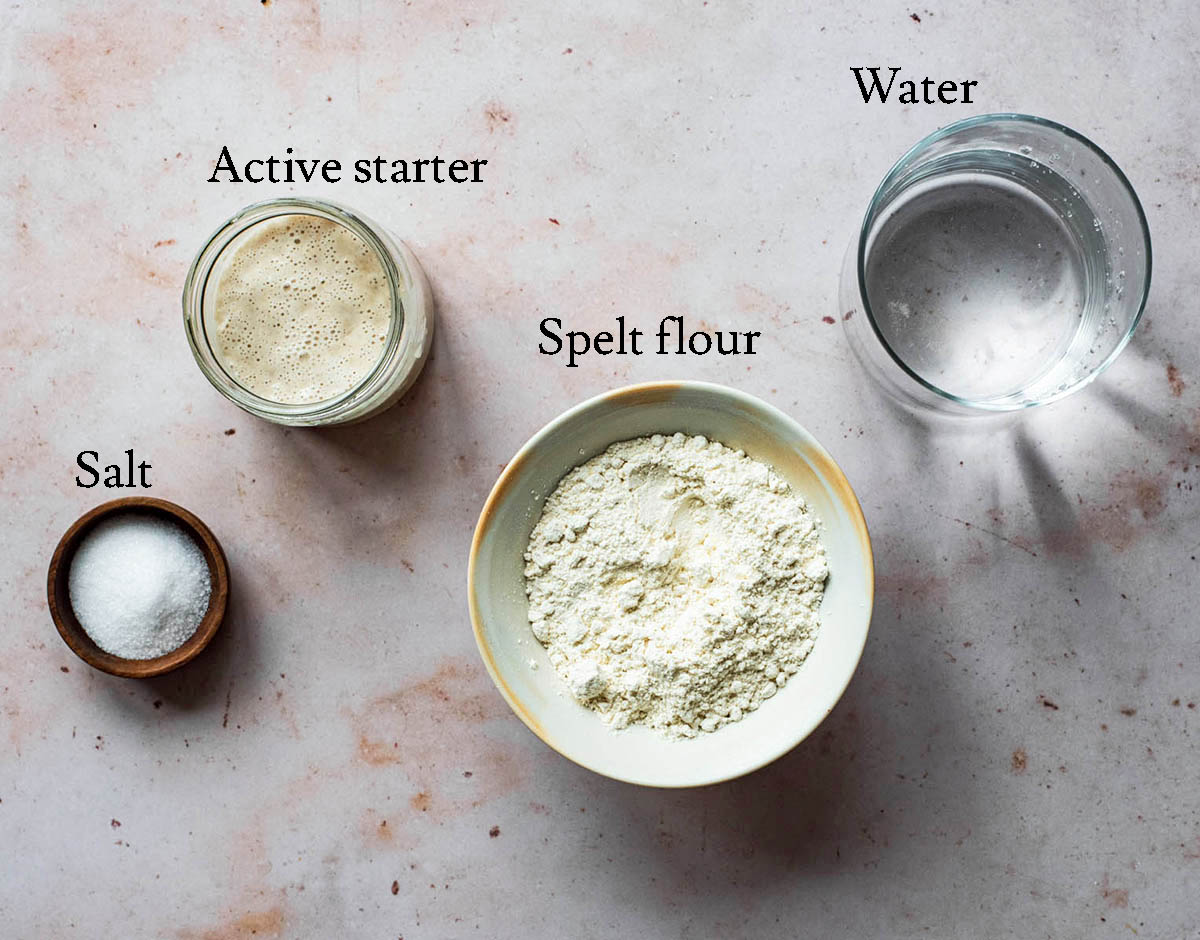 Spelt sourdough bread ingredients with labels.