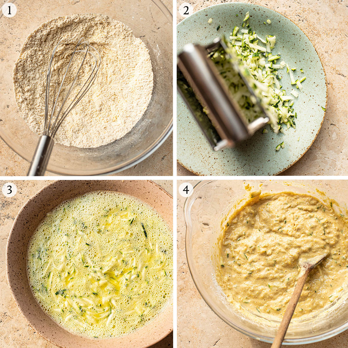 Zucchini cornbread steps 1 to 4.