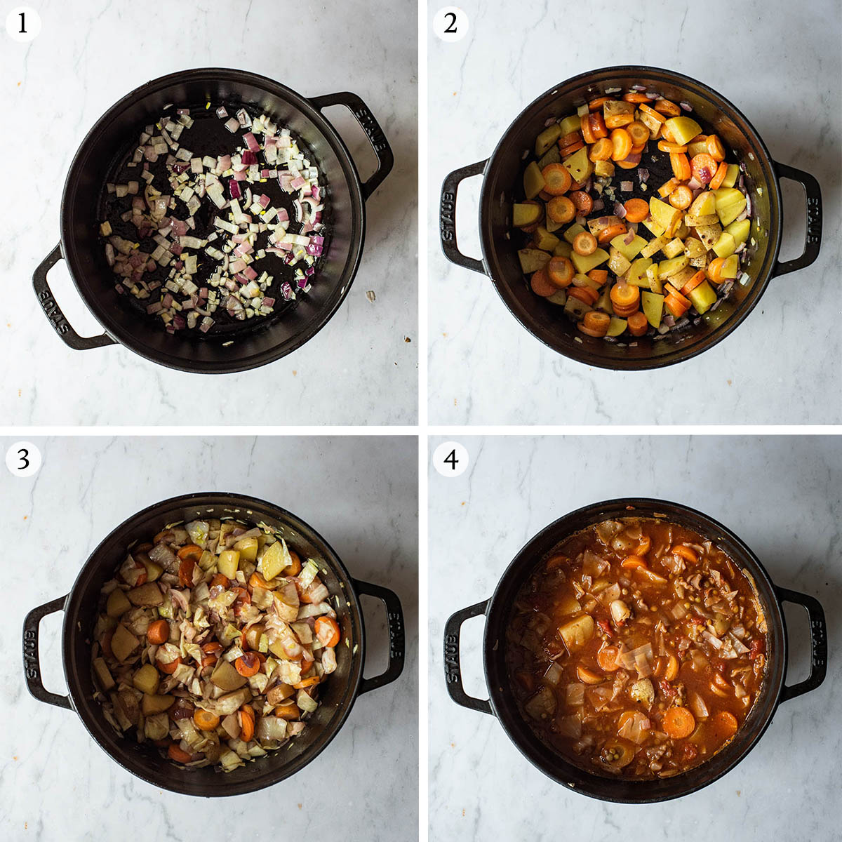 Cabbage lentil soup steps 1 to 4.