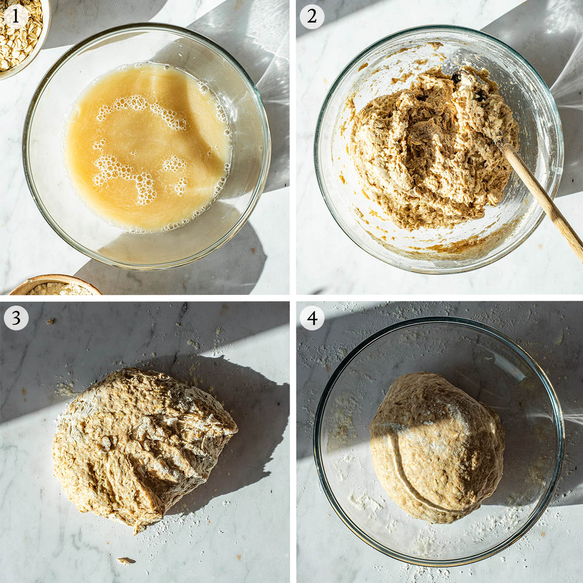 Honey oat bread steps 1 to 4.