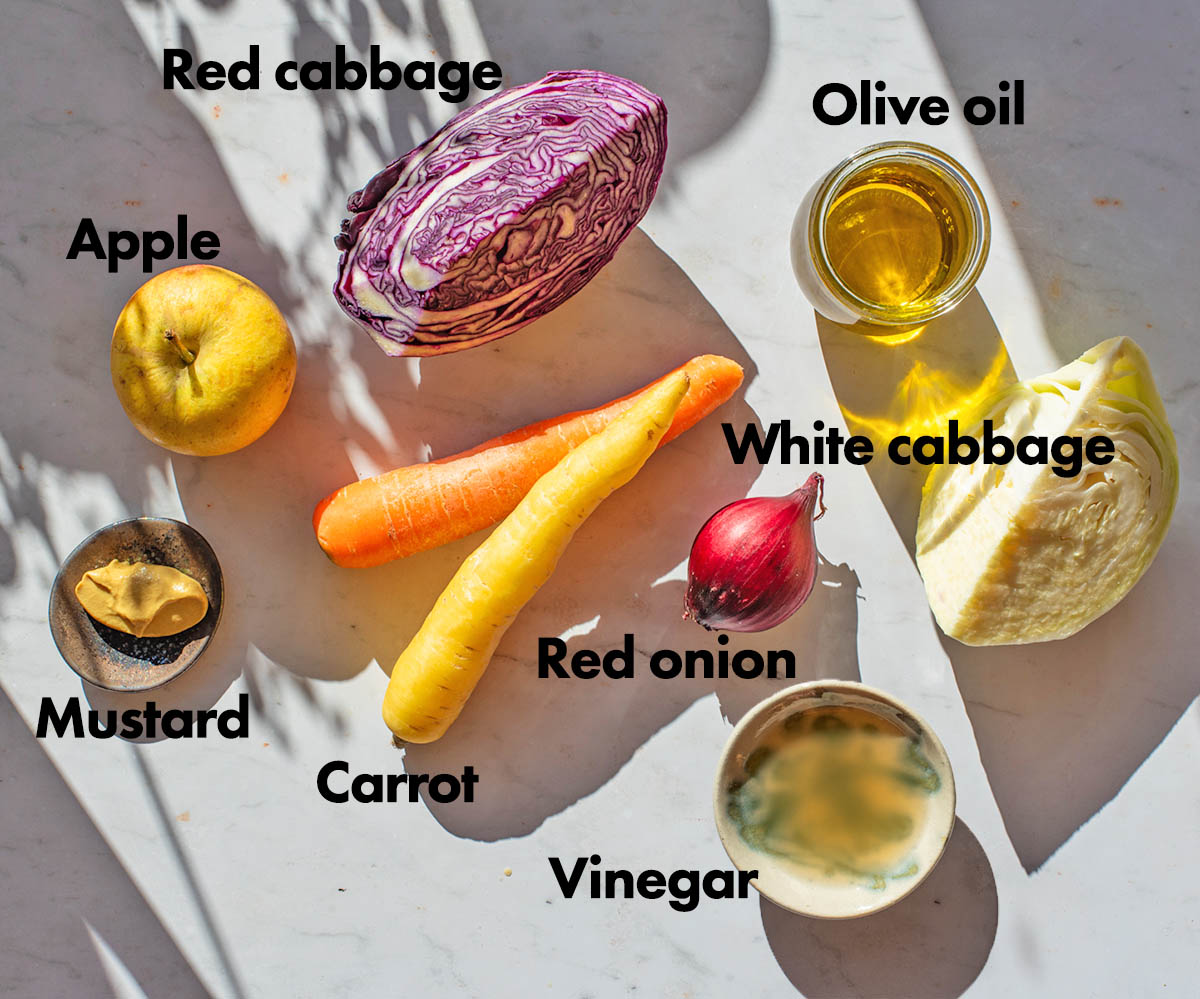 Vegan coleslaw ingredients with labels.