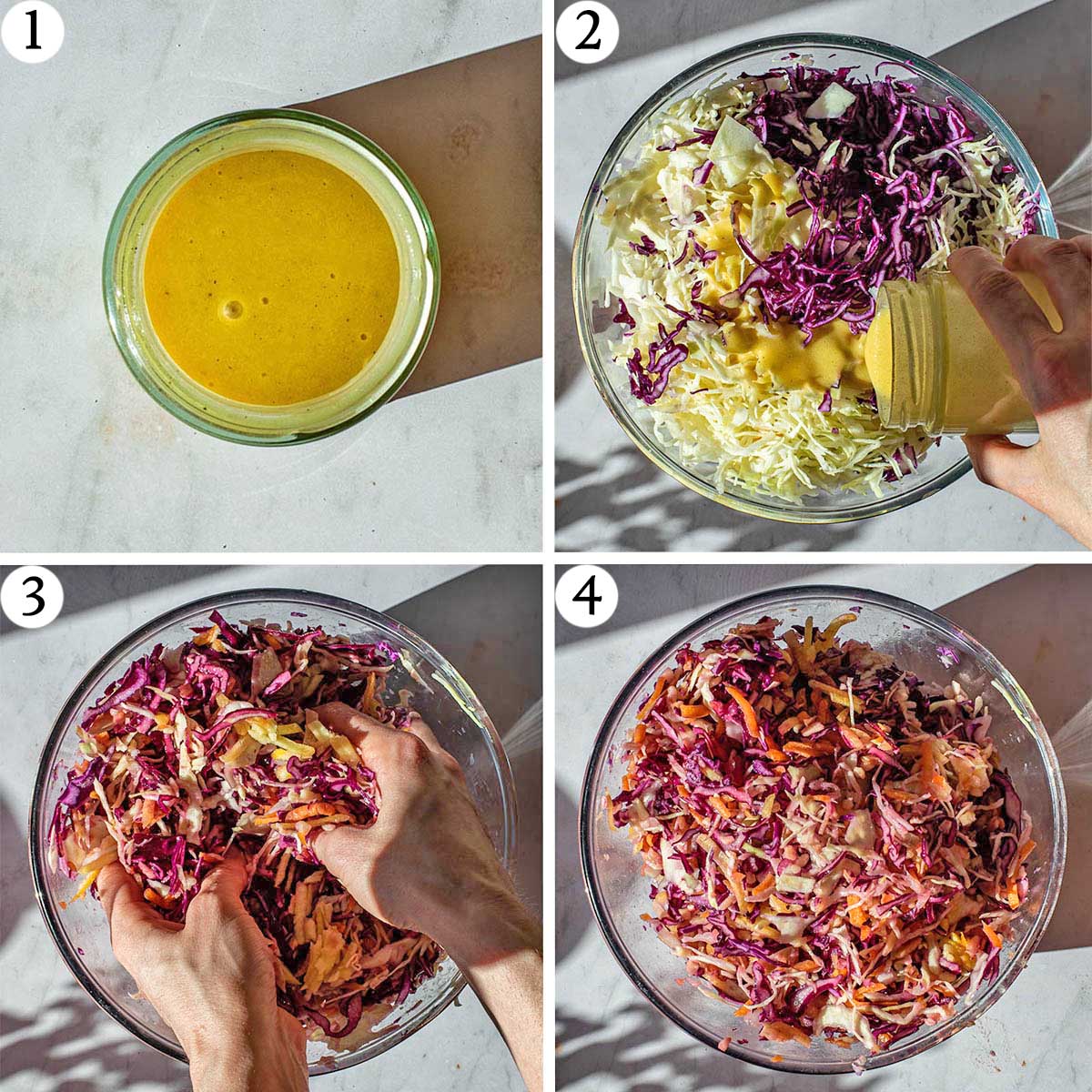 Vegan coleslaw steps 1 to 4, making the dressing, shredded vegetables, mixing, and finished salad.