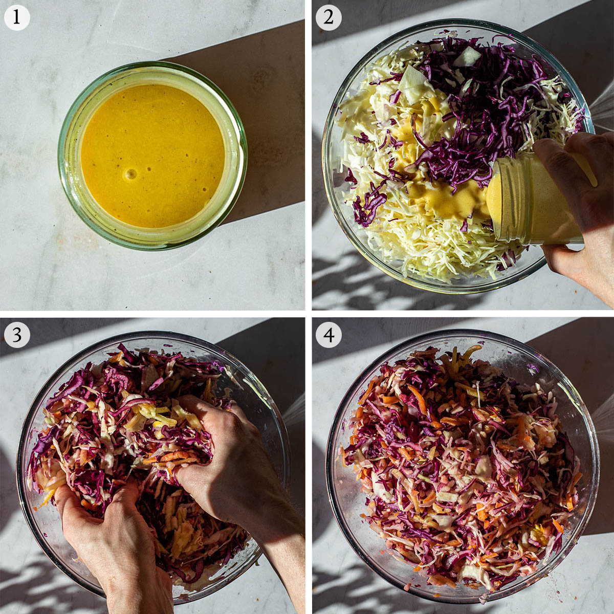 Vegan coleslaw steps 1 to 4.