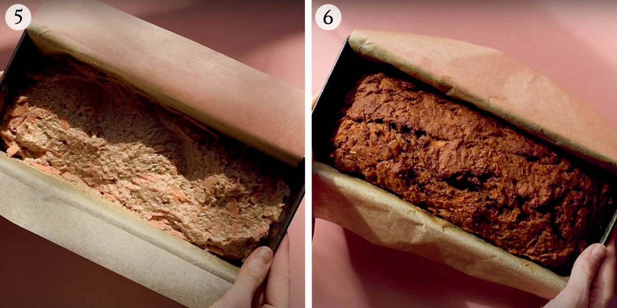 Carrot bread before and after baking, steps 5 and 6.