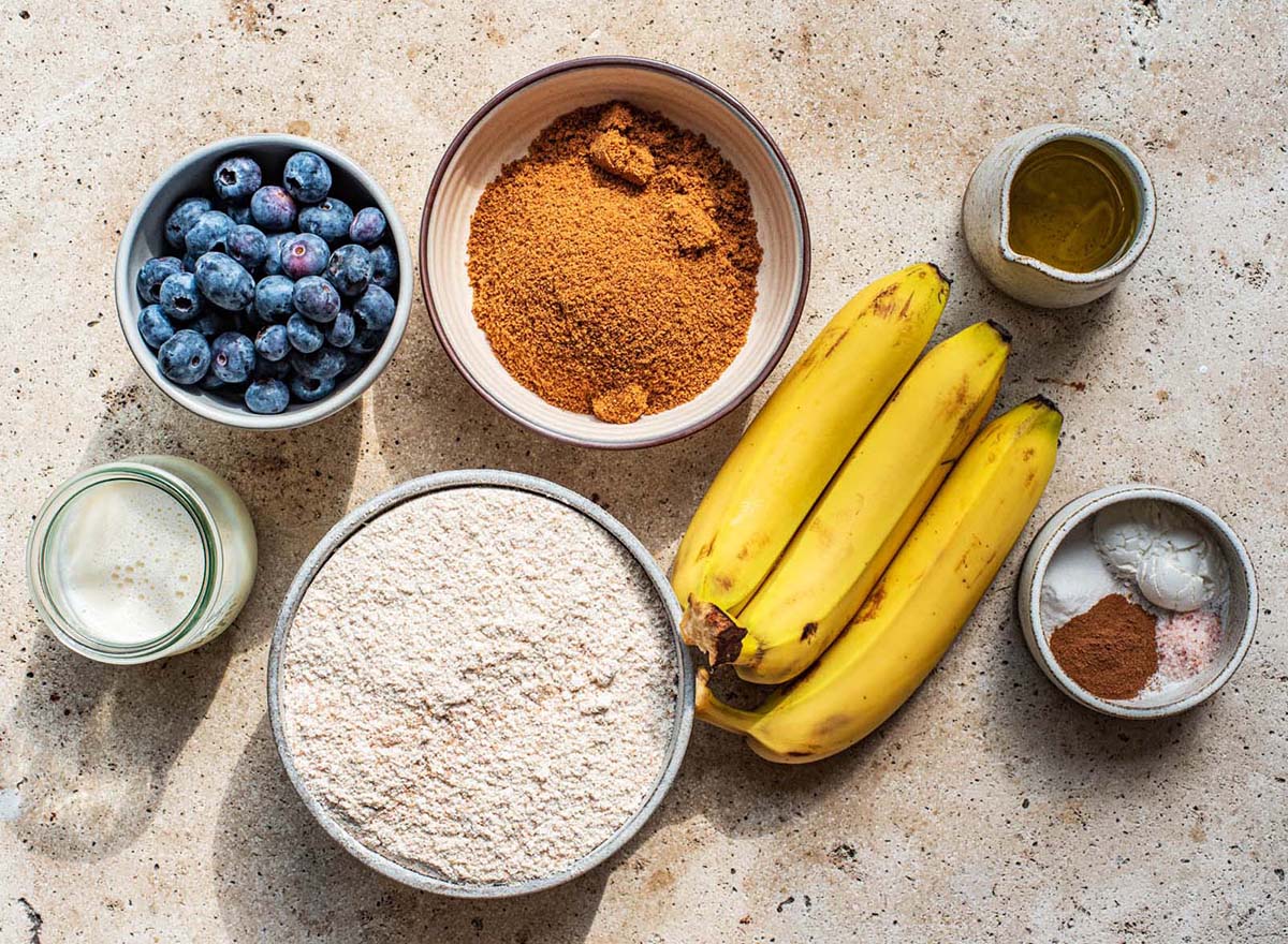 Banana blueberry muffin ingredients.