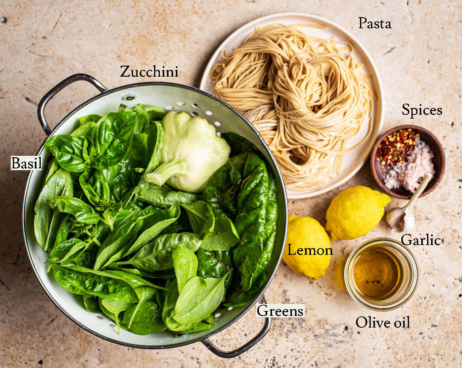 Green pasta ingredients with labels.