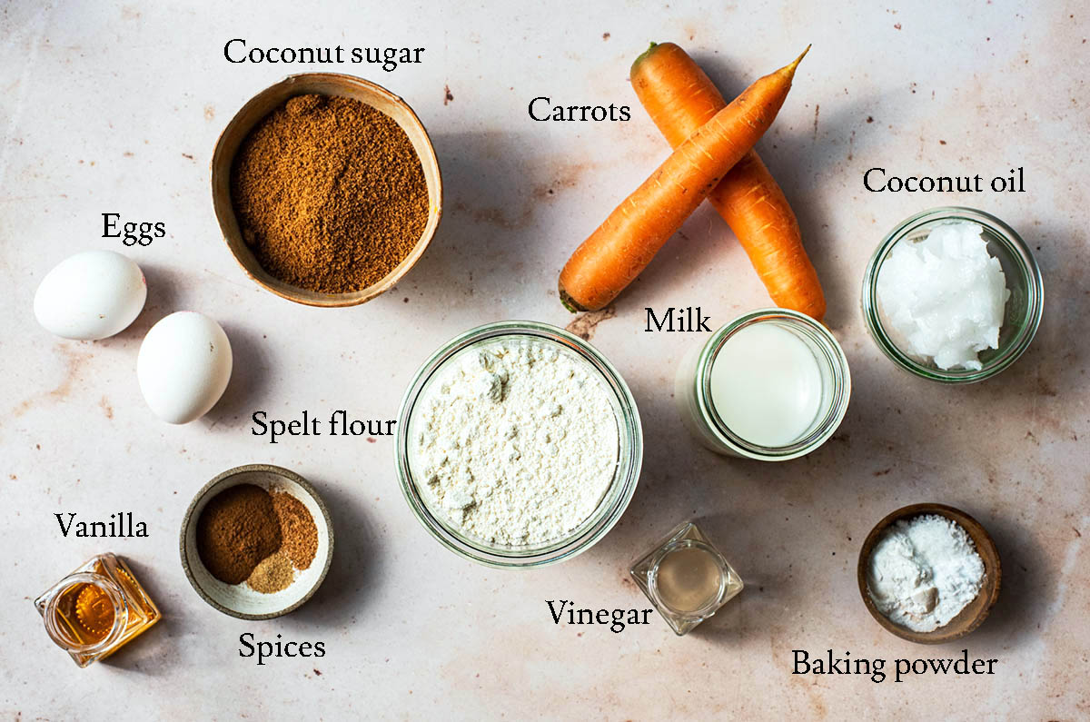 Dairy free carrot cake ingredients with labels.