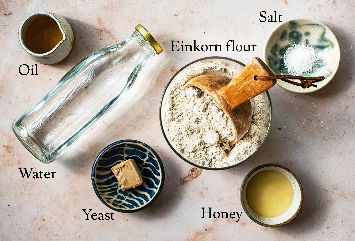 Einkorn bread ingredients with labels.