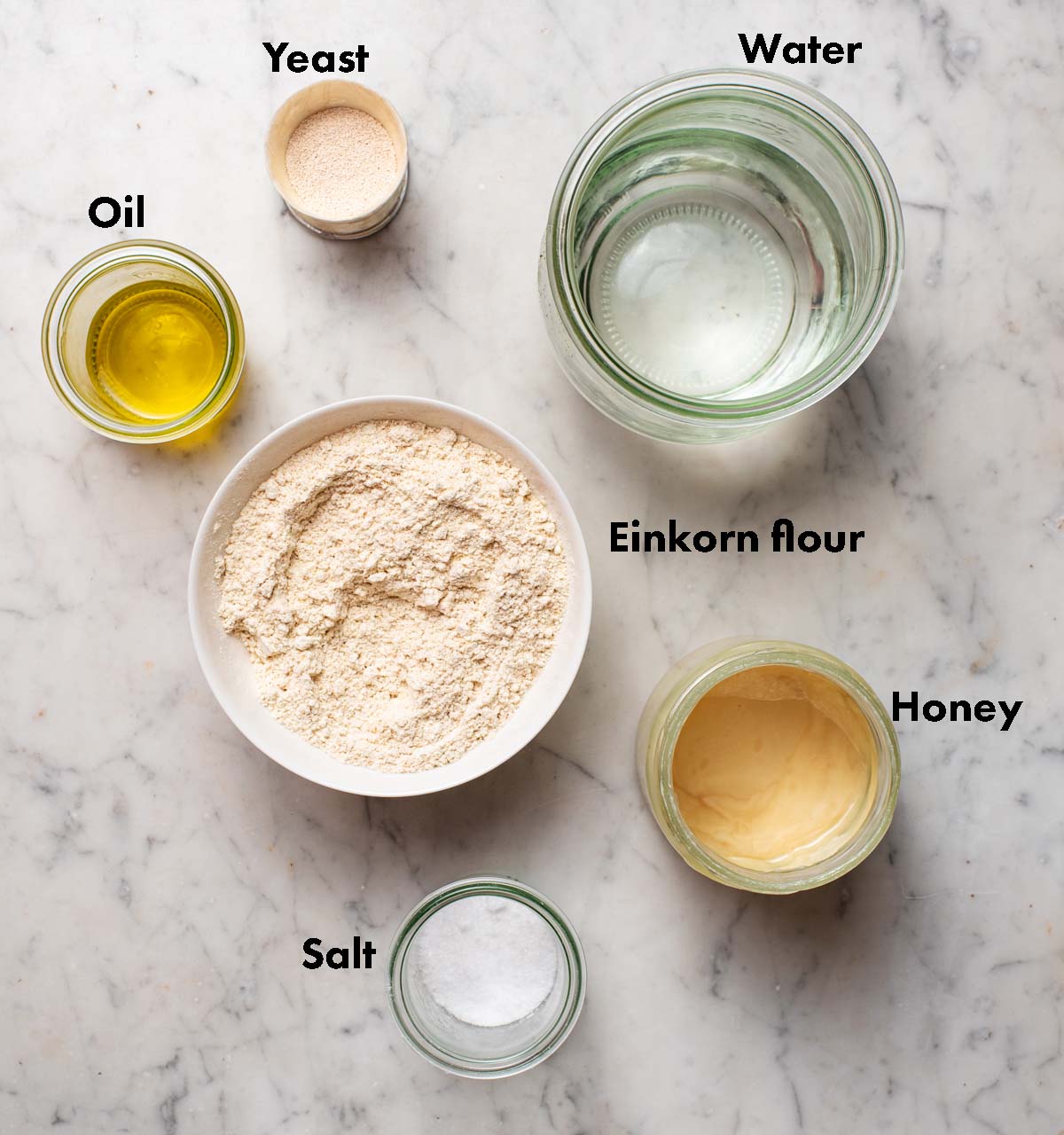 Einkorn bread ingredients with labels.