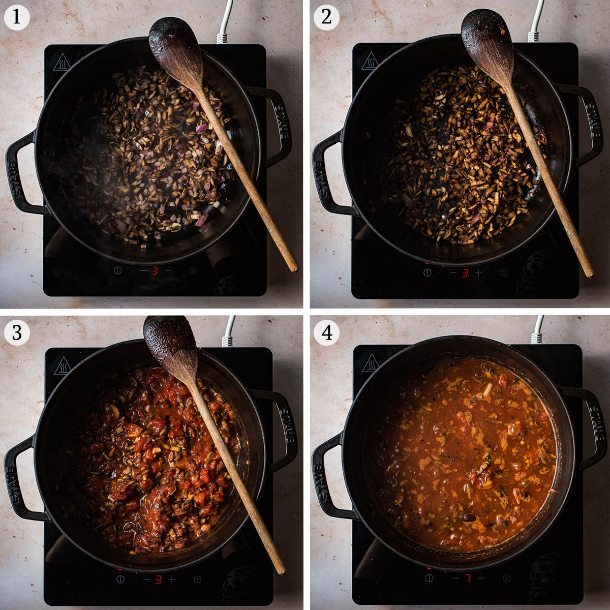 Lentil chili steps 1 to 4.