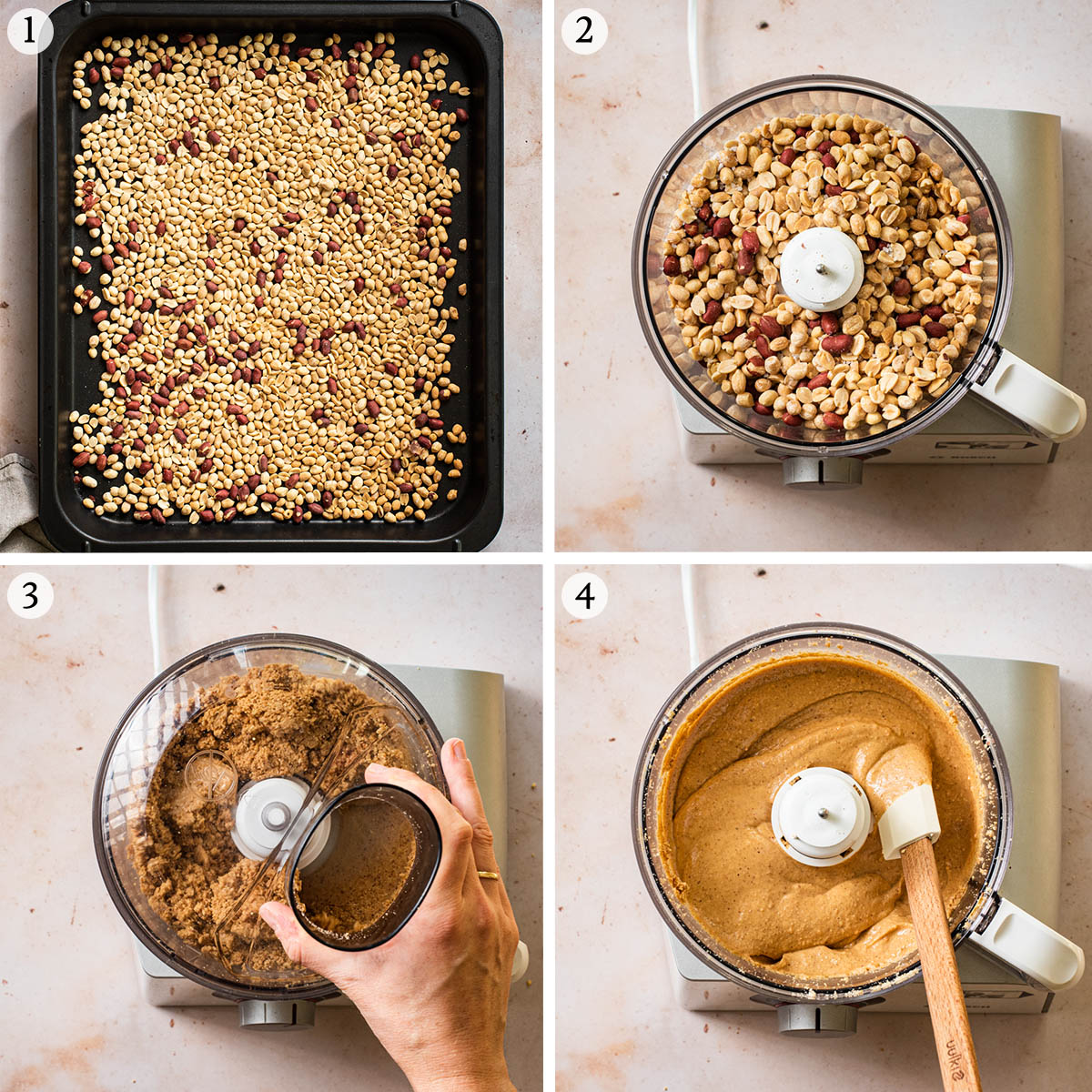 Homemade peanut butter steps 1 to 4.