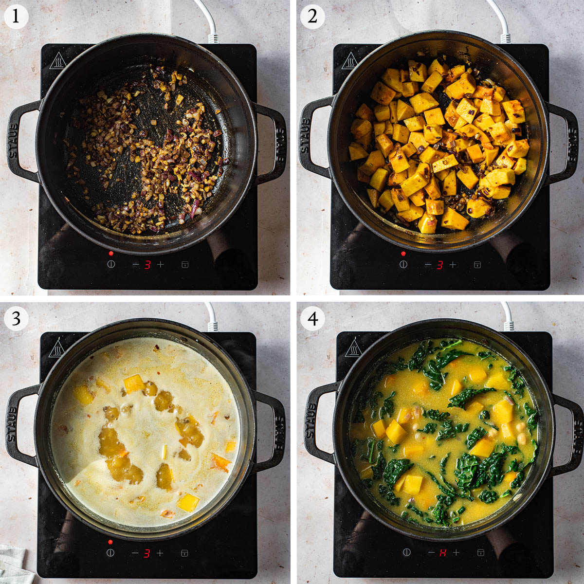 Chickpea pumpkin curry steps 1 to 4.