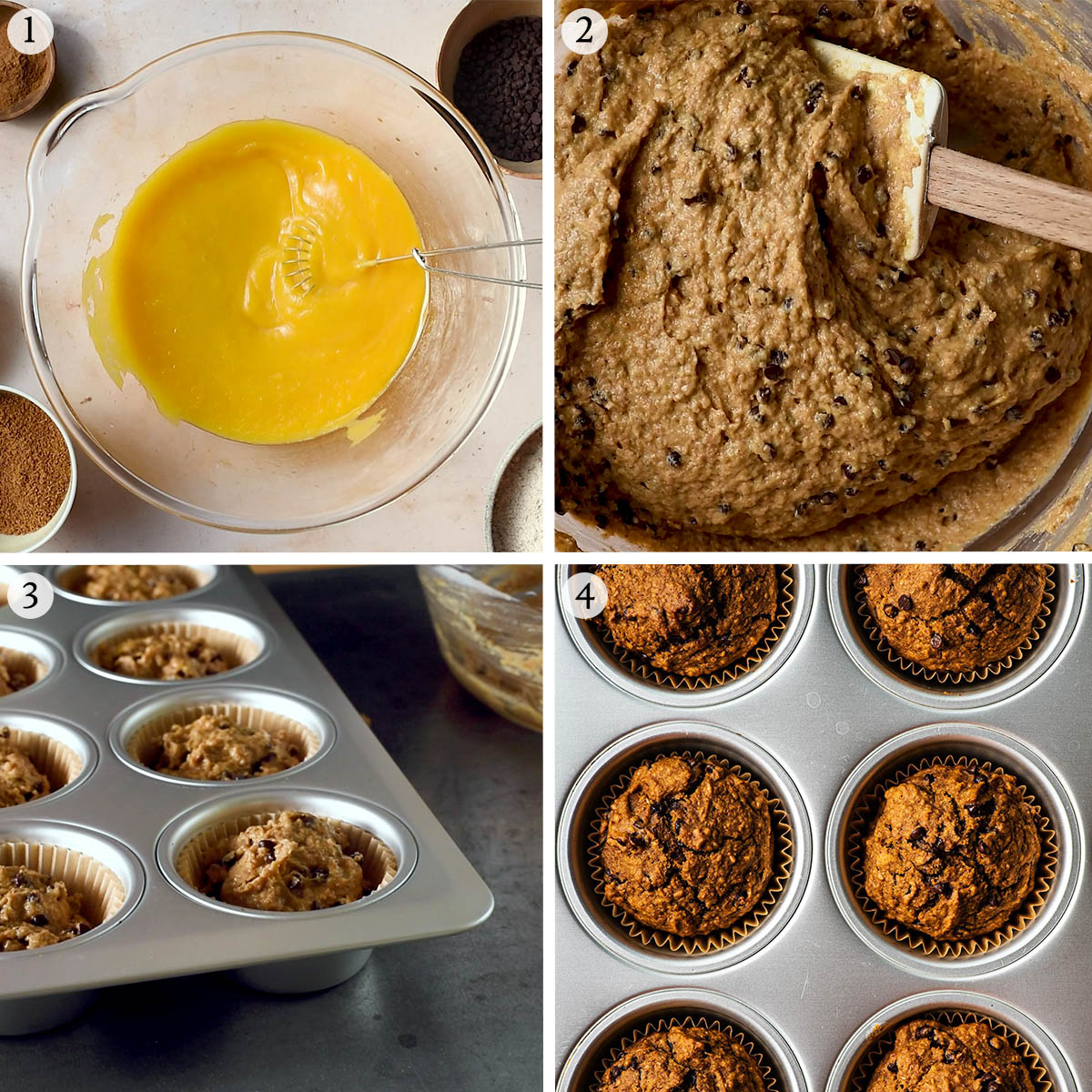 Pumpkin chocolate chip muffins steps 1 to 4.