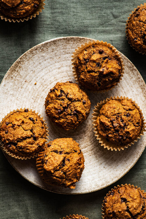 Several pumpkin muffins on a plate.