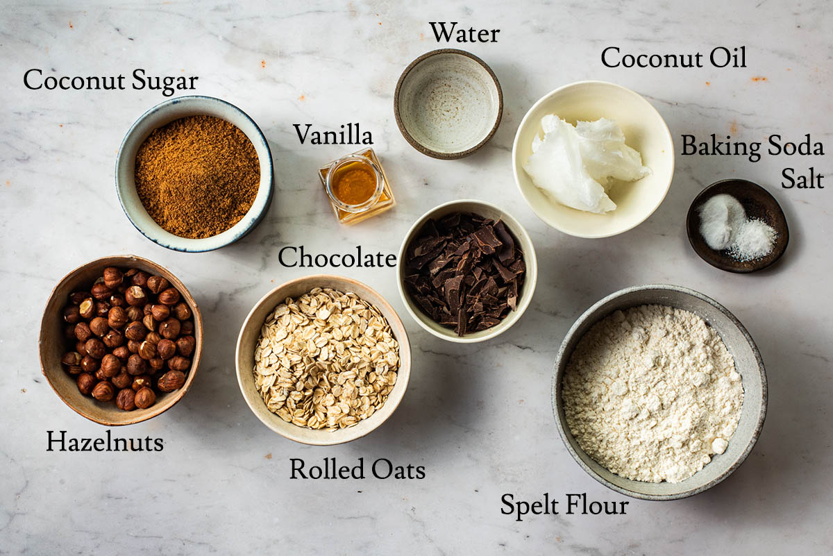 Hazelnut oatmeal cookie ingredients with labels.