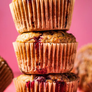Close up of a stack of three muffins.