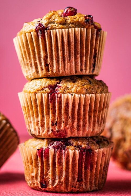 Close up of a stack of three muffins.