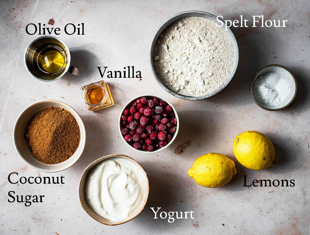 Lemon cranberry muffin ingredients.