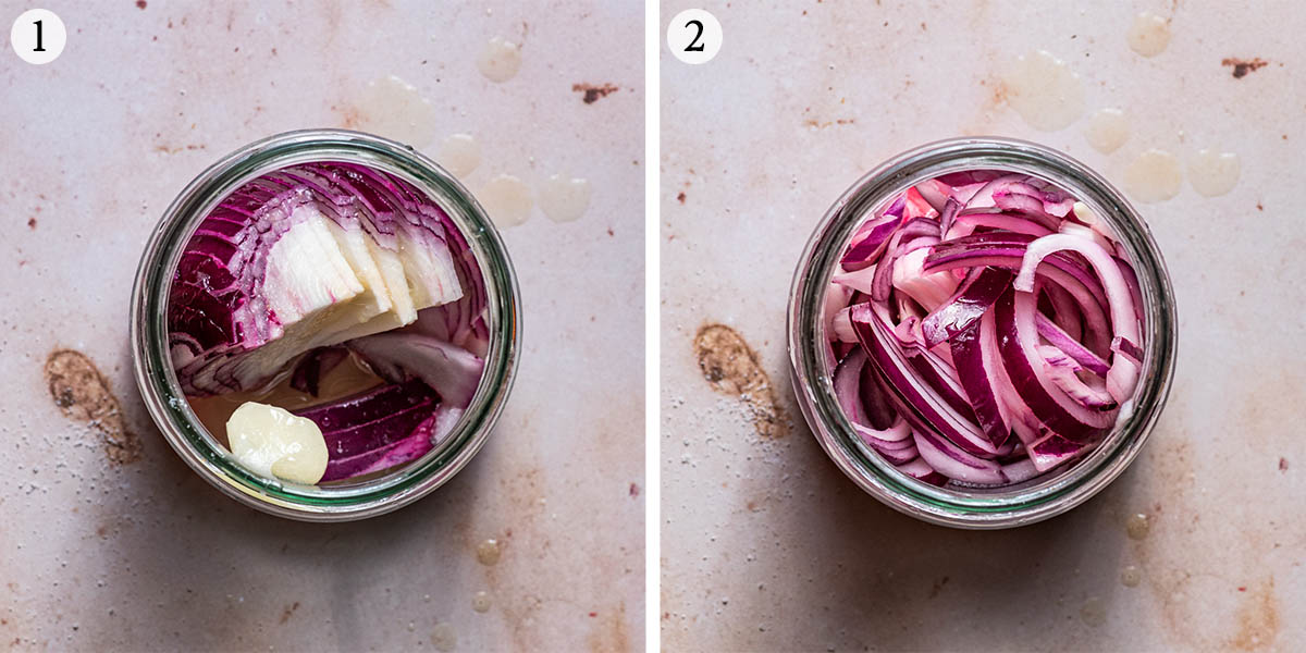 Pickled onions steps 1 and 2.