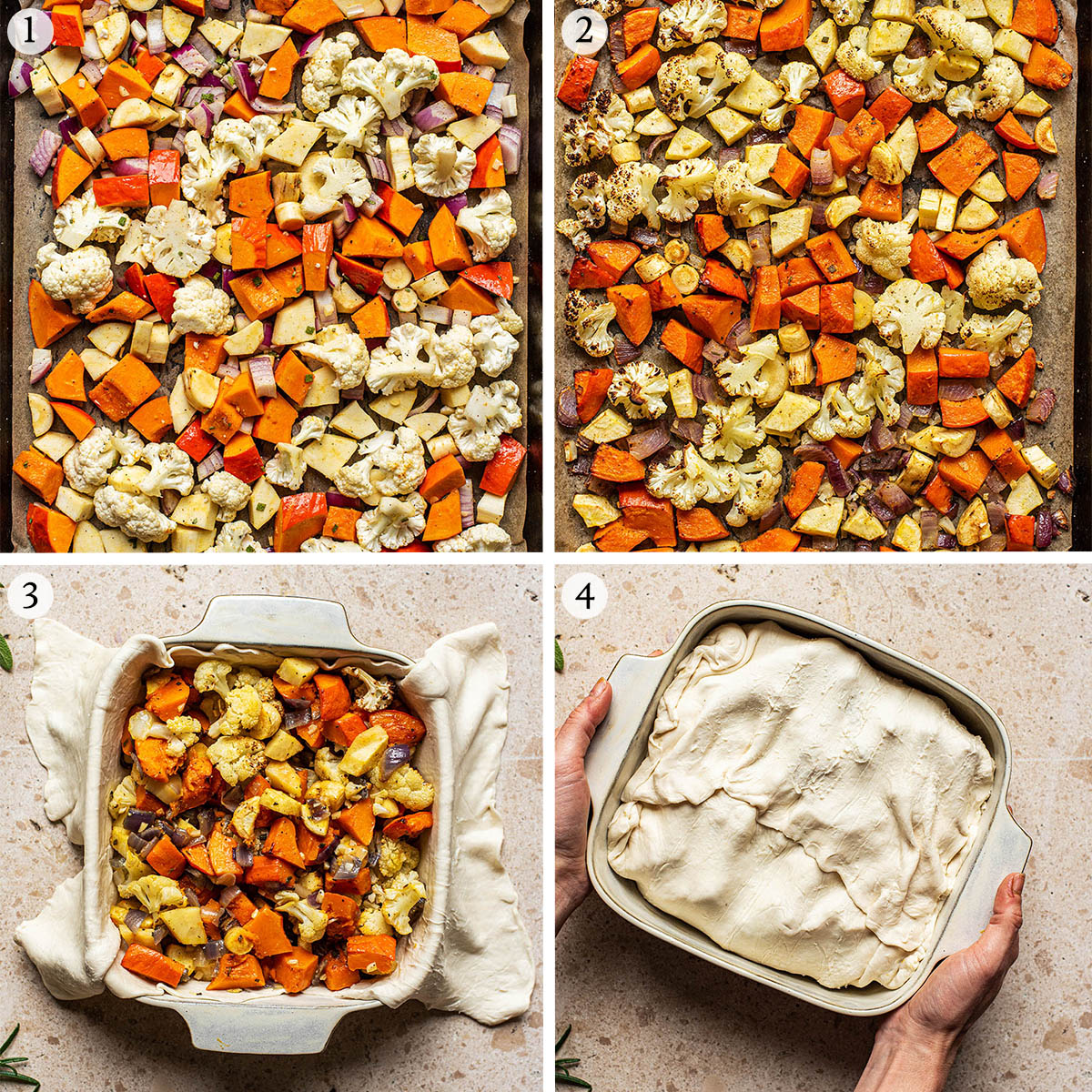 Roasted vegetable pie steps 1 to 4.