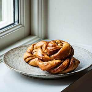 Twisted filled buns on a plate in a windowsill.