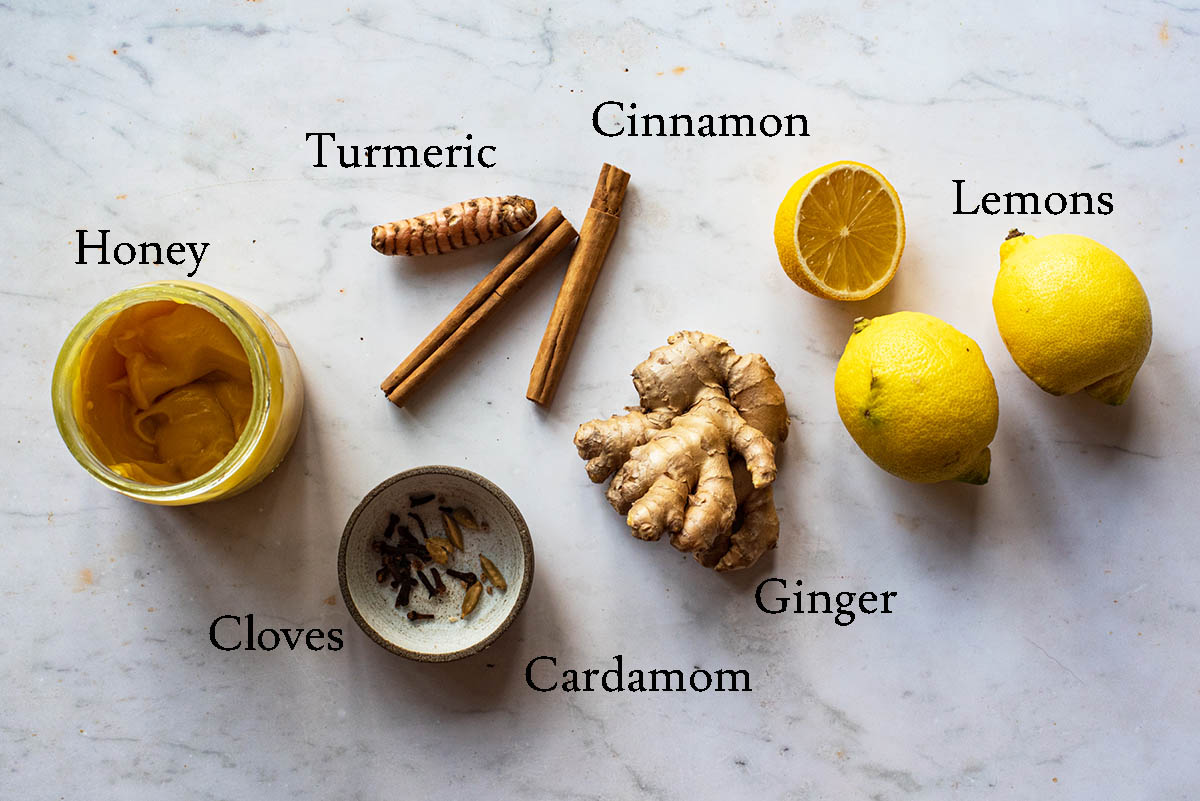 Lemon ginger tea ingredients with labels.