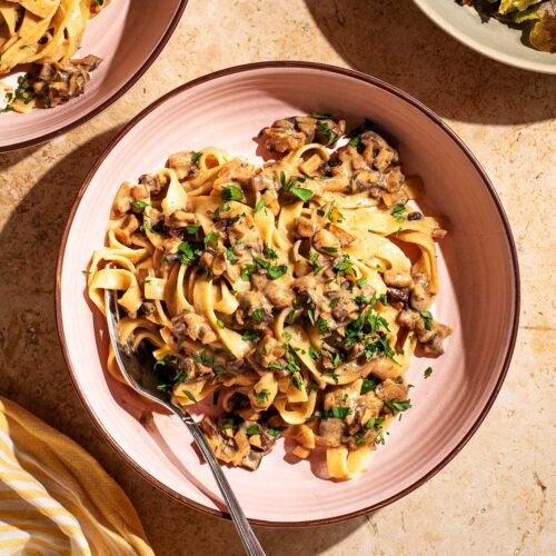 Pasta with mushroom sauce on two plates with salad beside.