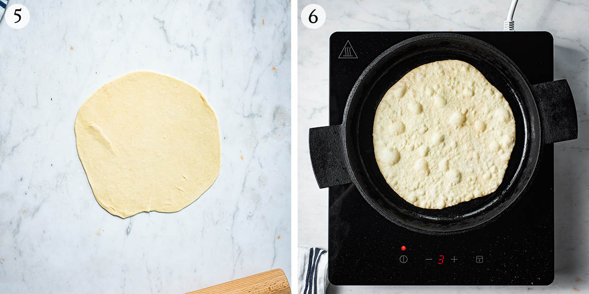 Tortillas being cooked, steps 5 and 6.