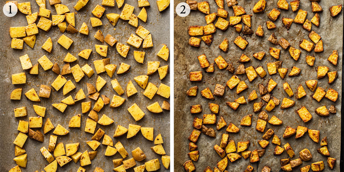 Roasting potato pieces steps 1 and 2.