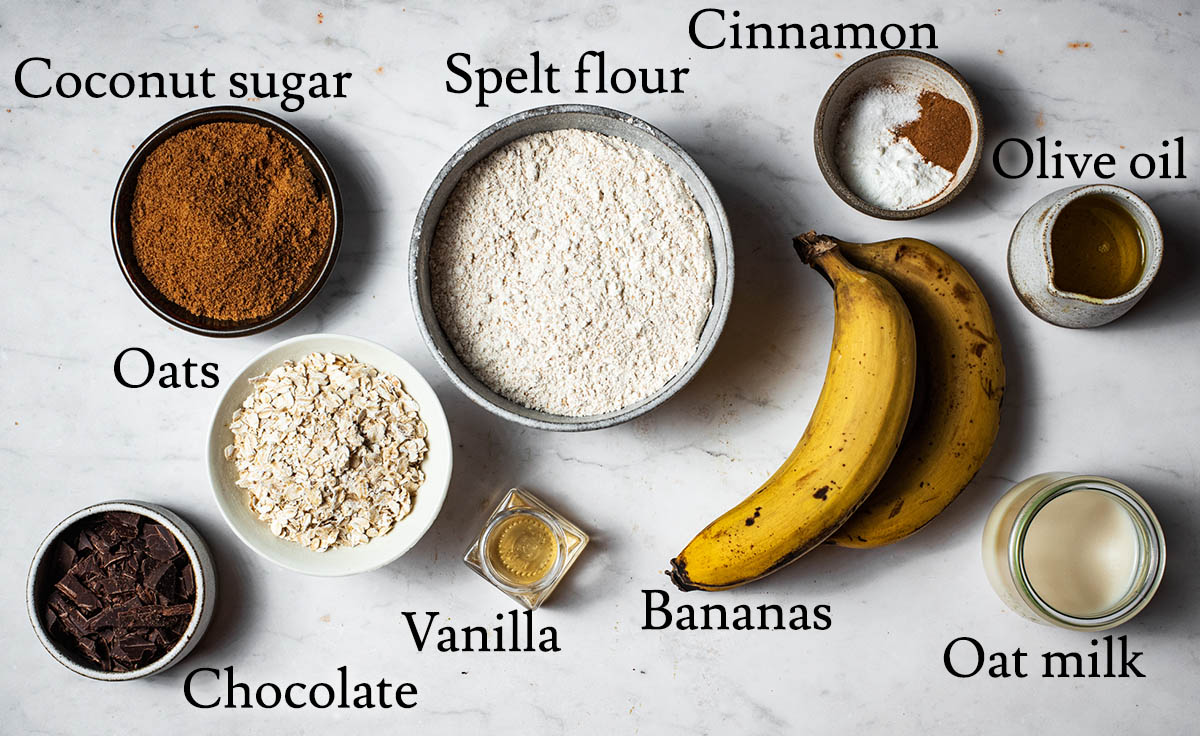 Banana oatmeal muffin ingredients with labels.
