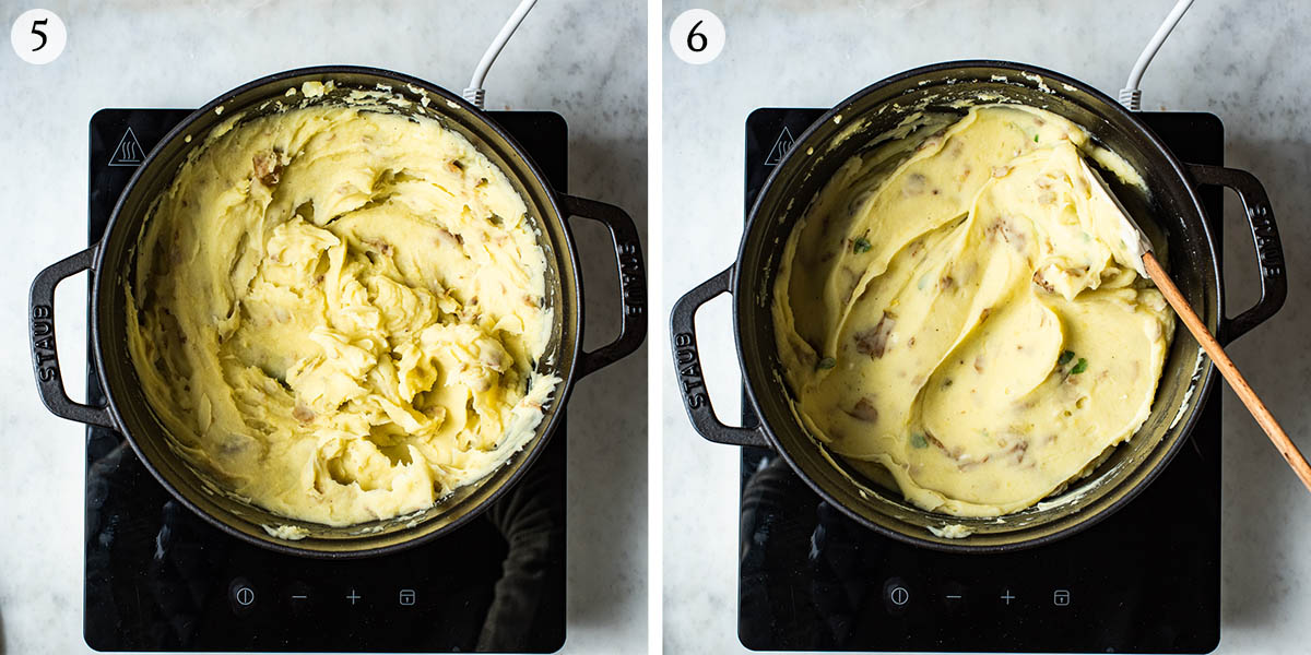 Mashed potatoes in a pot, steps 5 and 6, mashing and add-ins.