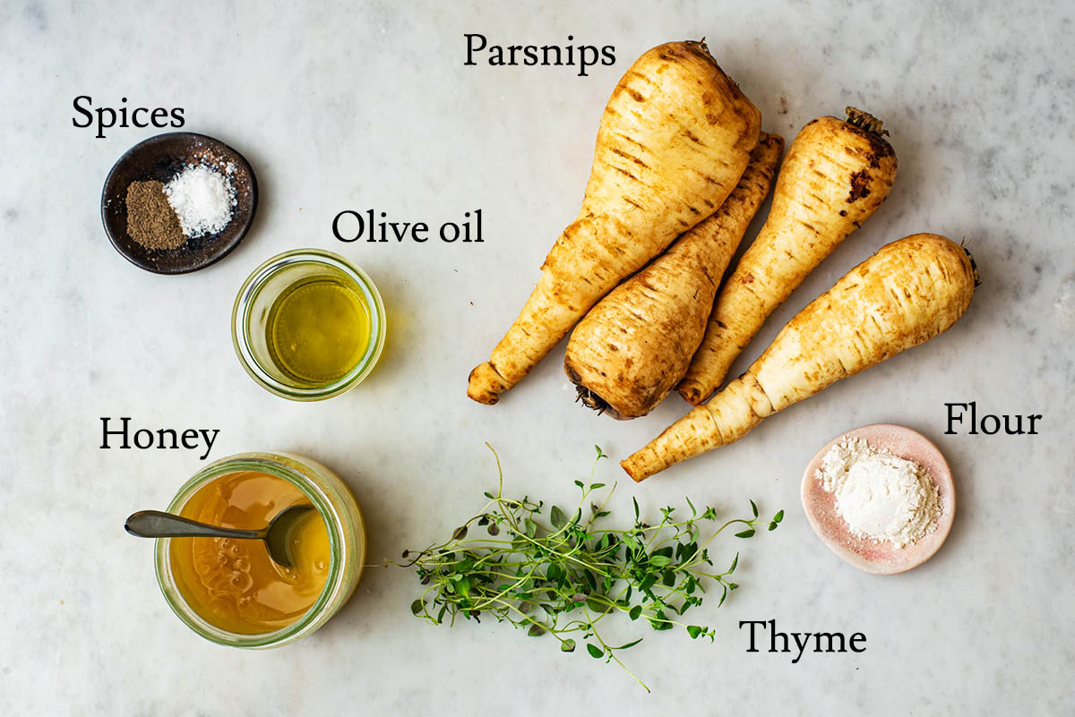 Honey roasted parsnips ingredients with labels.