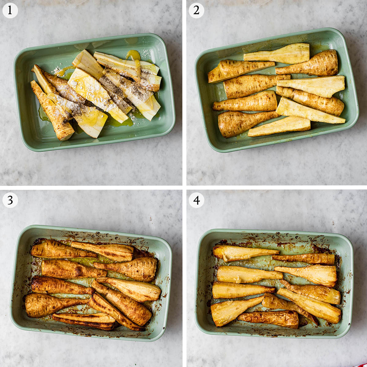 Roasted parsnips steps 1 to 4, seasoning and cooking.