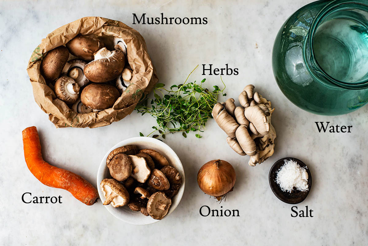 Mushroom broth ingredients with labels.
