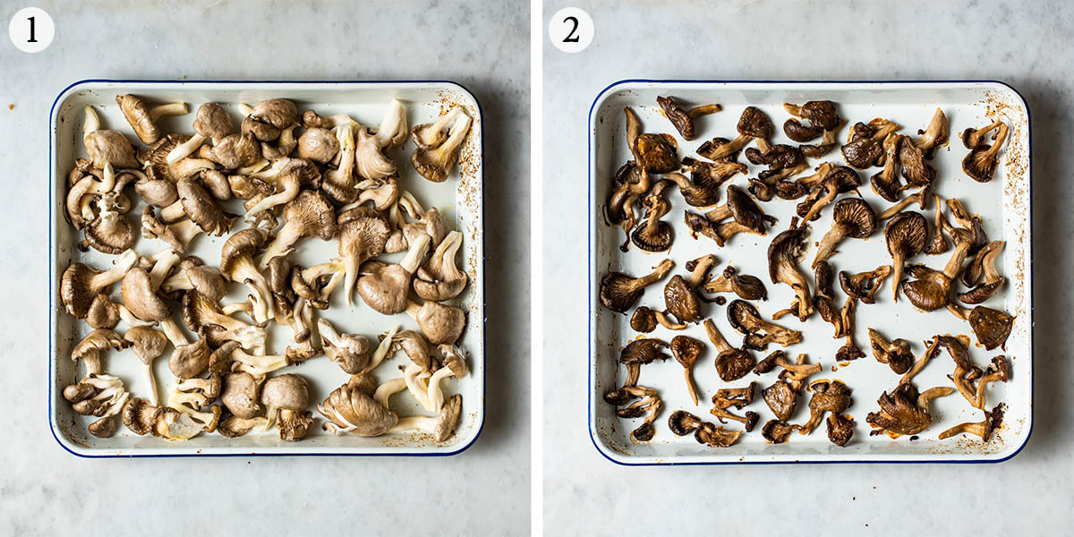 Roasted mushrooms steps 1 and 2, before and after cooking.