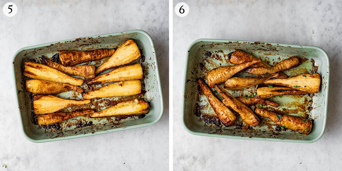 Roasted parsnips steps 5 and 6, flipping and mixed with thyme.