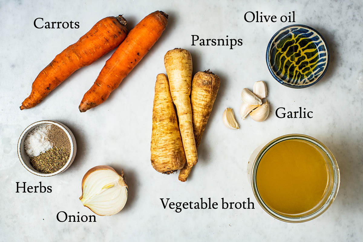 Carrot parsnip soup ingredients with labels.