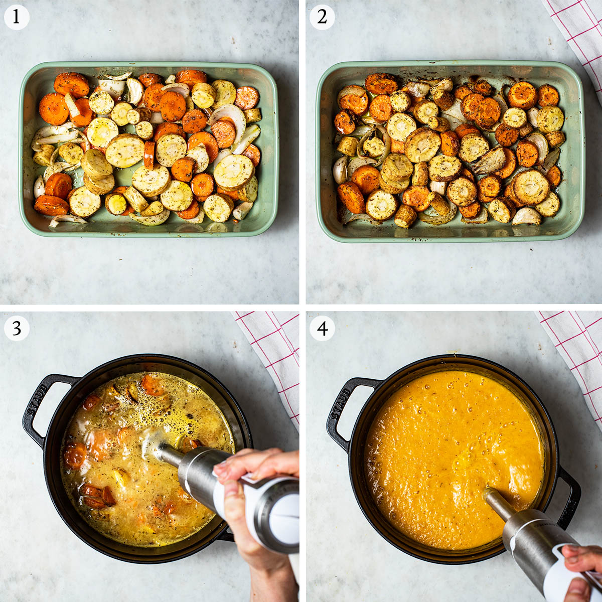 Roasted vegetable soup steps 1 to 4, roasting vegetables and mixing soup.