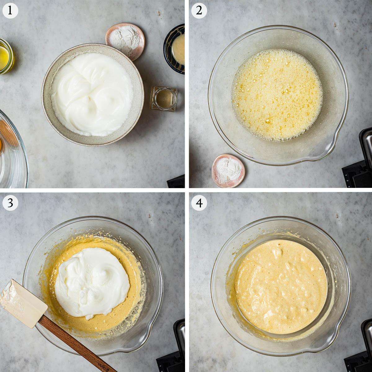 Waffle batter steps 1 to 4, beaten egg whites, batter mixture, and folding in egg whites.