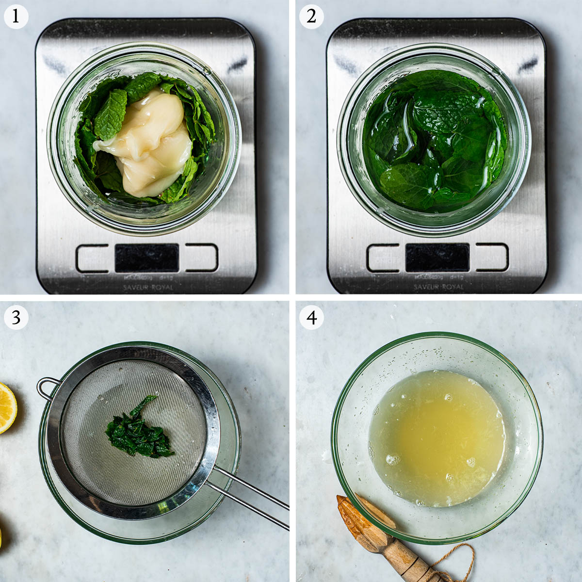 Mint lemonade steps 1 to 4, making the syrup and straining it.