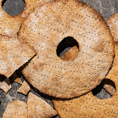 Round crispbread crackers piled together.