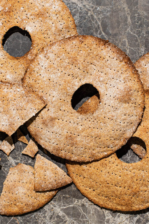 Round crispbread crackers piled together.