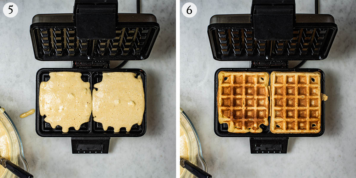 Baking waffles steps 5 and 6, before and after in the waffle iron.